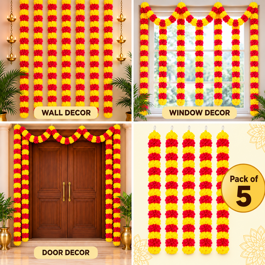 Yellow & Red Artificial Marigold Flower Garland (Phool Mala)