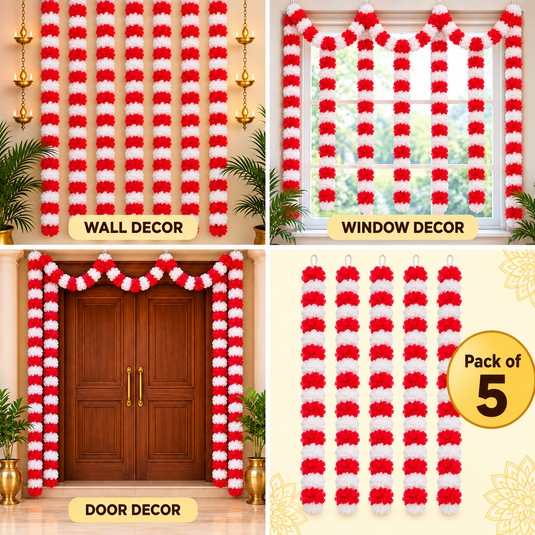 White & Red Artificial Marigold Flower Garland (Phool Mala)