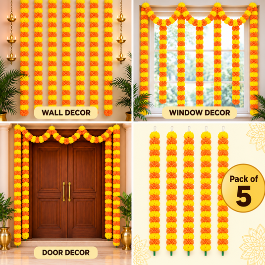 Yellow & Light Orange Artificial Marigold Flower Garland (Phool Mala)